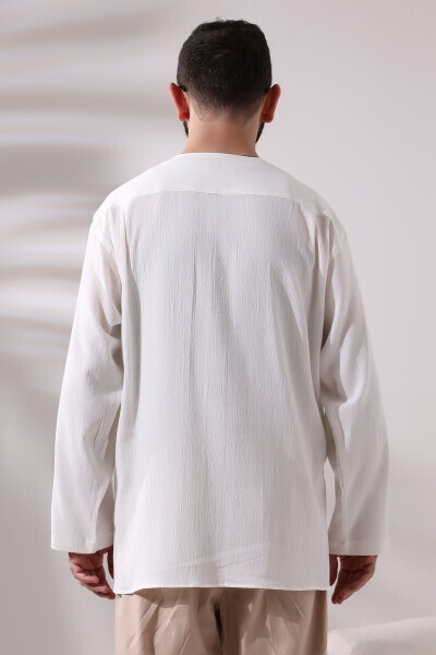 Cream Men's Relaxed Fit 3 Button Collarless Hajj and Umrah Muslin Shirt - 3