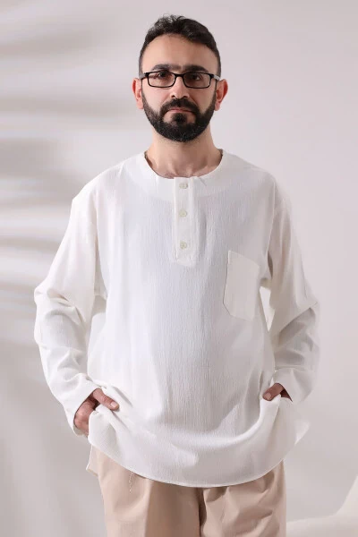 Cream Men's Relaxed Fit 3 Button Collarless Hajj and Umrah Muslin Shirt - 1