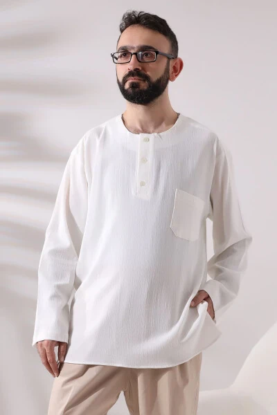 Cream Men's Relaxed Fit 3 Button Collarless Hajj and Umrah Muslin Shirt - 2