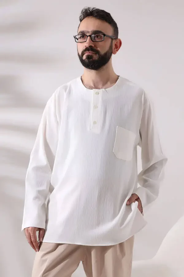 Cream Men's Relaxed Fit 3 Button Collarless Hajj and Umrah Muslin Shirt - 2