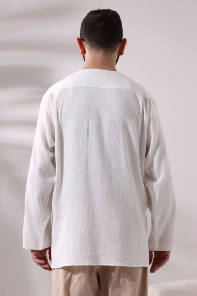 Cream Men's Relaxed Fit 3 Button Collarless Hajj and Umrah Muslin Shirt - 3