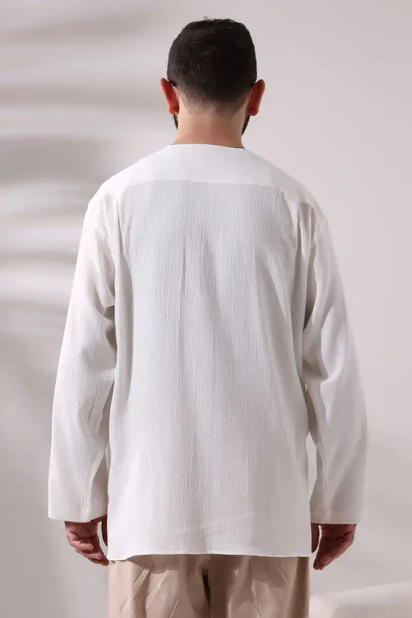 Cream Men's Relaxed Fit 3 Button Collarless Hajj and Umrah Muslin Shirt - 3