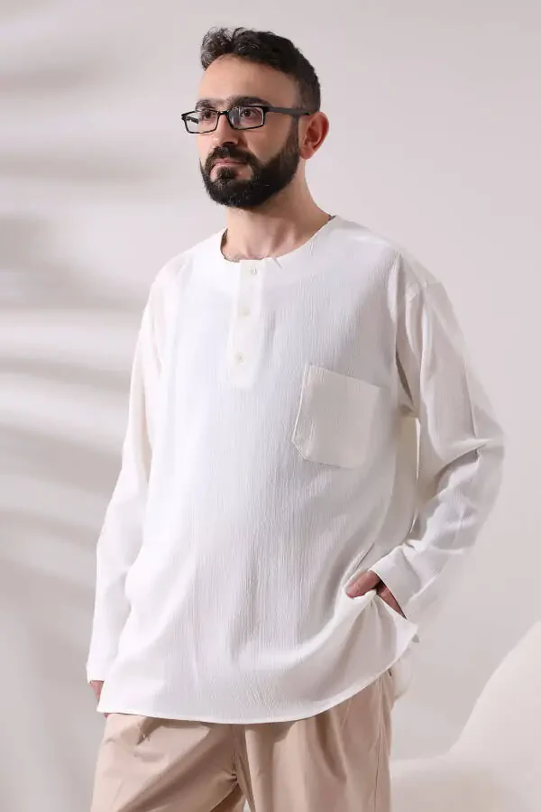 Cream Men's Relaxed Fit 3 Button Collarless Hajj and Umrah Muslin Shirt - 4
