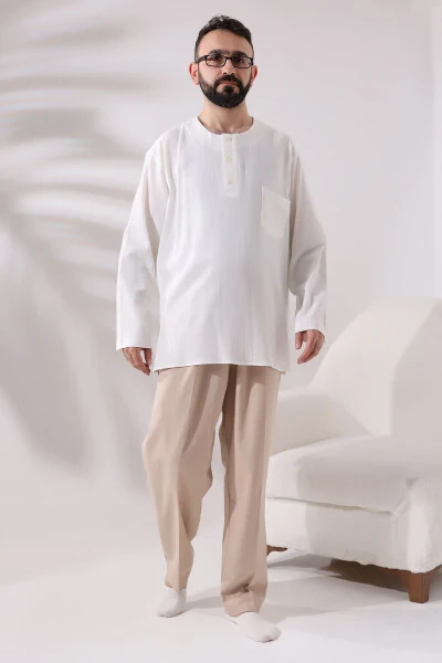 Cream Men's Relaxed Fit 3 Button Collarless Hajj and Umrah Muslin Shirt - 5