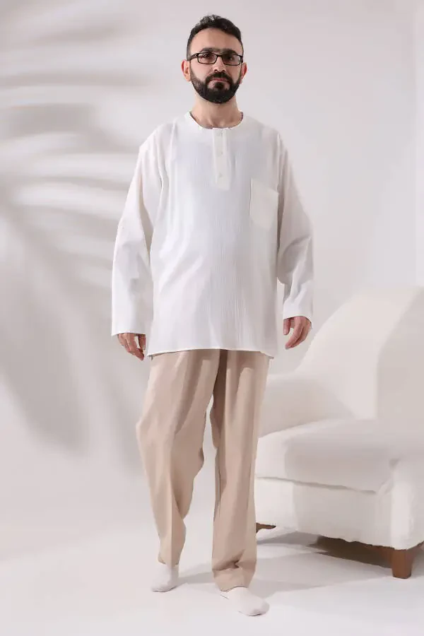 Cream Men's Relaxed Fit 3 Button Collarless Hajj and Umrah Muslin Shirt - 5