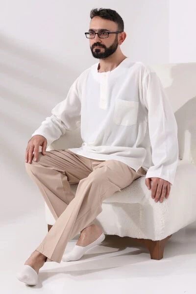 Cream Men's Relaxed Fit 3 Button Collarless Hajj and Umrah Muslin Shirt - 6