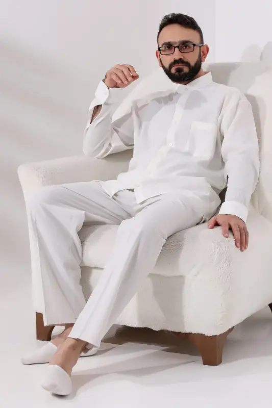 Cream Men's Relaxed Fit Mandarin Collar Şile Cloth Hajj and Umrah Shirt-Cream - 5