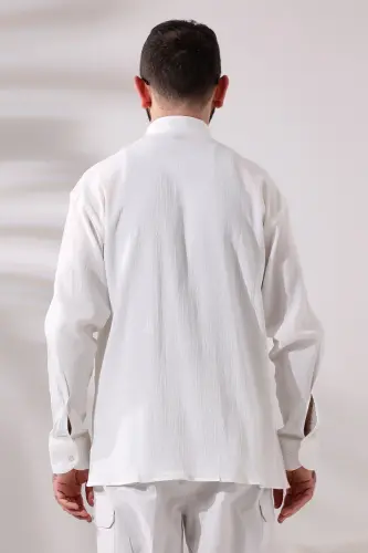 Cream Men's Relaxed Fit Mandarin Collar Şile Cloth Hajj and Umrah Shirt-Cream - IHVAN ONLINE (1)