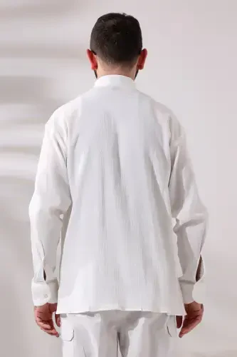 Cream Men's Relaxed Fit Mandarin Collar Şile Cloth Hajj and Umrah Shirt-Cream - IHVAN ONLINE (1)