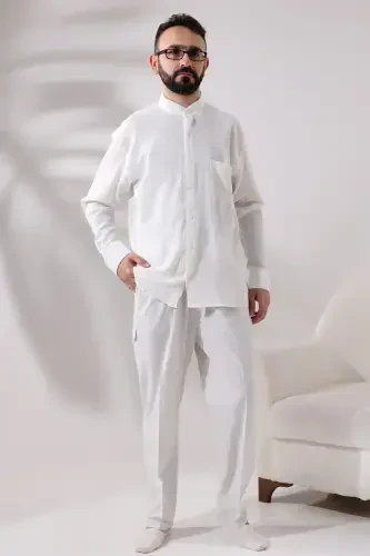 Cream Men's Relaxed Fit Mandarin Collar Şile Cloth Hajj and Umrah Shirt-Cream - 4