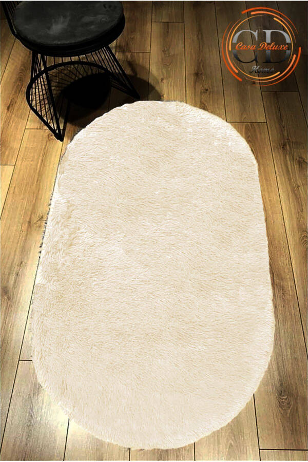 Cream Oval Plush Soft Washable Non-Slip Dot Base Antibacterial Living Room Hallway Kids Rug - 2