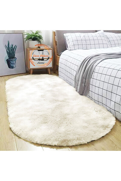 Cream Oval Plush Soft Washable Non-Slip Dot Base Antibacterial Living Room Hallway Kids Rug - 3