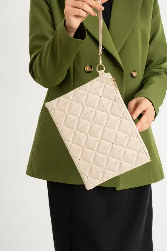 Cream Patterned Portfolio Clutch Bag 25x19 Cm-Cream - DEFNELLA