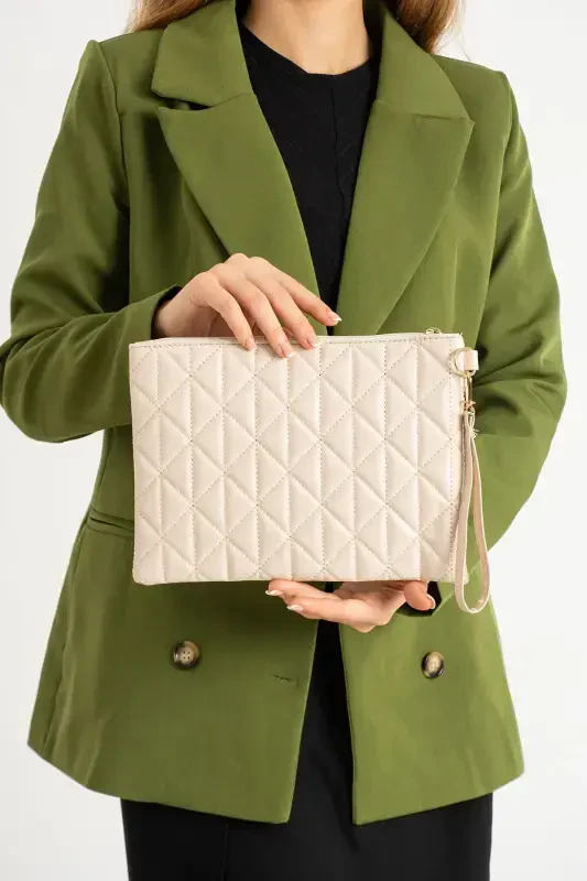 Cream Patterned Portfolio Clutch Bag 25x19 Cm-Cream - 2