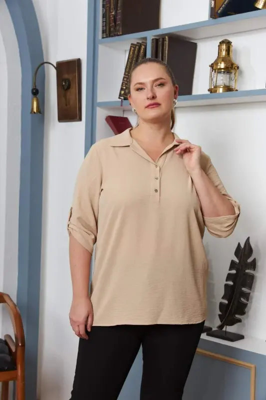 Cream Plus Size Shirt Collar Blouse with Sleeve Detail - 2