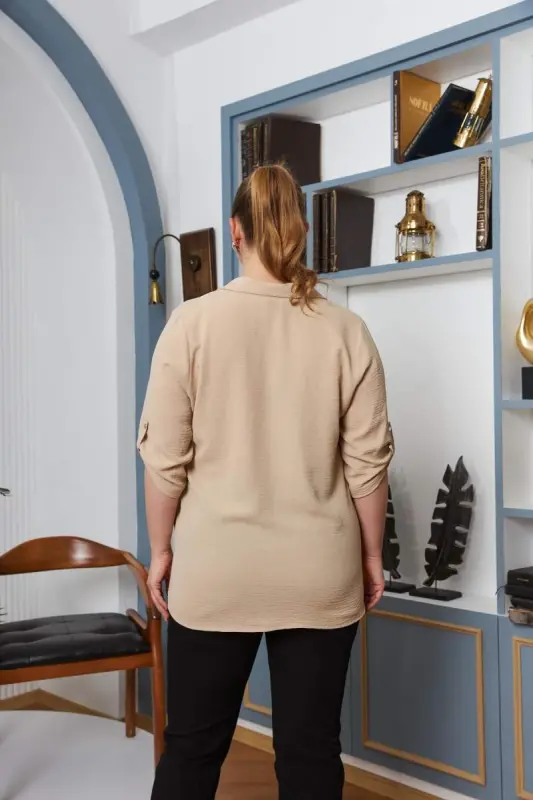 Cream Plus Size Shirt Collar Blouse with Sleeve Detail - 4