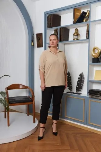 Cream Plus Size Shirt Collar Blouse with Sleeve Detail - 5
