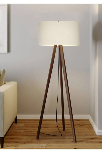 Cream Round Fabric Cylinder Head Wooden Tripod Floor Lamp - 2