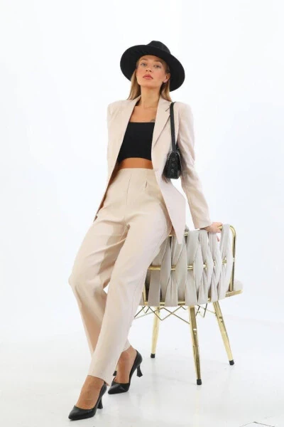 Cream Single Button Blazer Jacket Belted Pocket Palazzo Pants Suit - 3