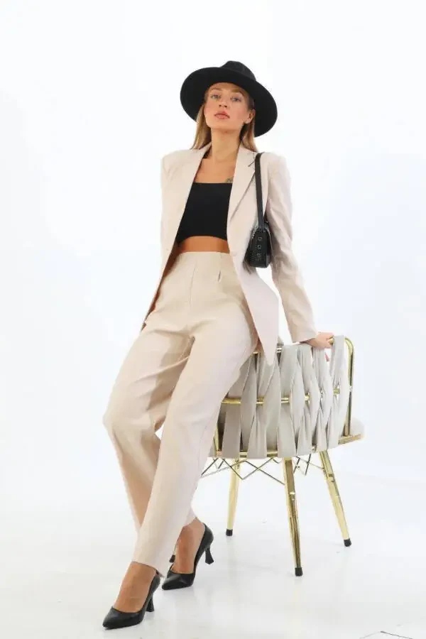 Cream Single Button Blazer Jacket Belted Pocket Palazzo Pants Suit - 3