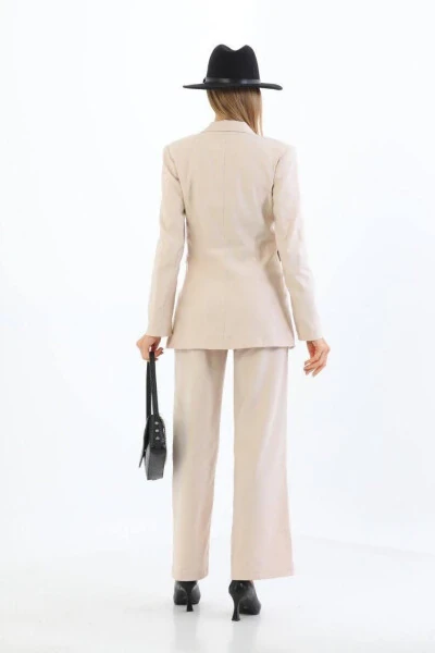 Cream Single Button Blazer Jacket Belted Pocket Palazzo Pants Suit - 6