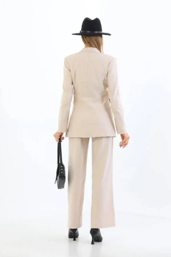 Cream Single Button Blazer Jacket Belted Pocket Palazzo Pants Suit - 6