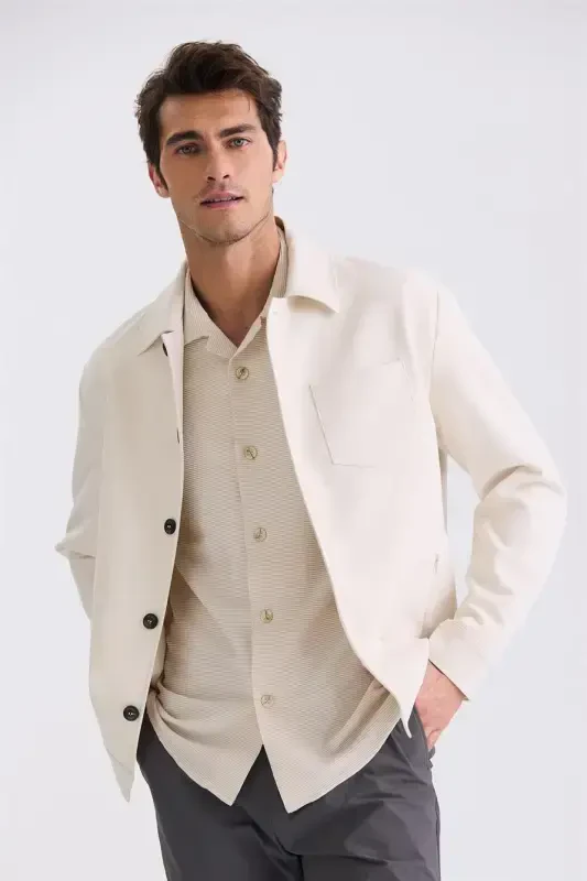 Cream Slim Fit Baby Collar Demi-Season Jacket - 1