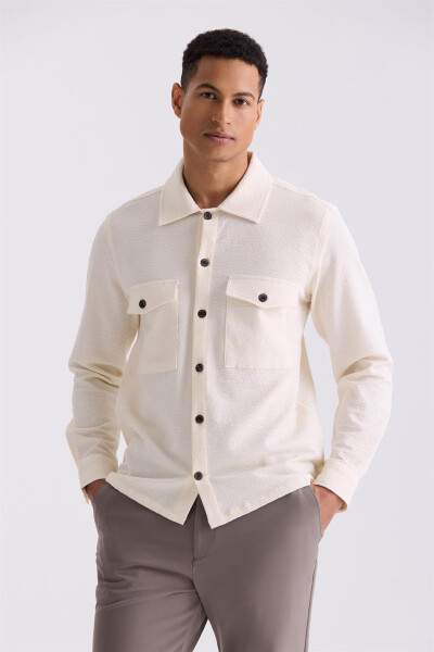 Cream Slim Fit Buttoned Collar Pocket Sports Shirt - 5