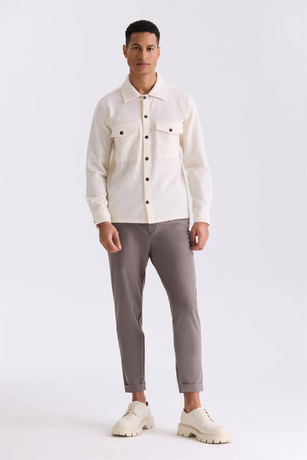 Cream Slim Fit Buttoned Collar Pocket Sports Shirt - 6