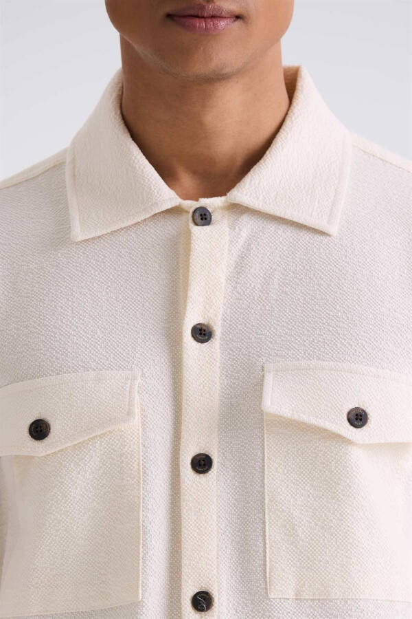 Cream Slim Fit Buttoned Collar Pocket Sports Shirt - 7