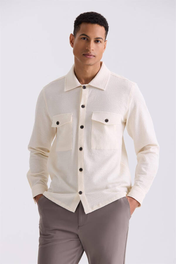 Cream Slim Fit Buttoned Collar Pocket Sports Shirt - 1