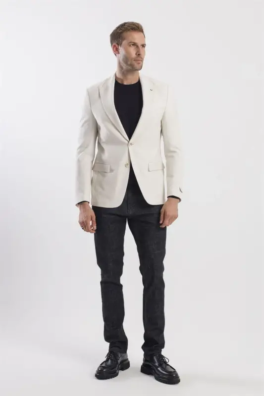 Cream Slim Fit Patterned Point Collar Jacket - 2