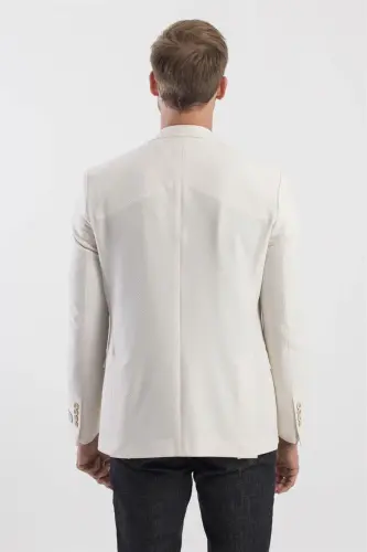 Cream Slim Fit Patterned Point Collar Jacket - 4