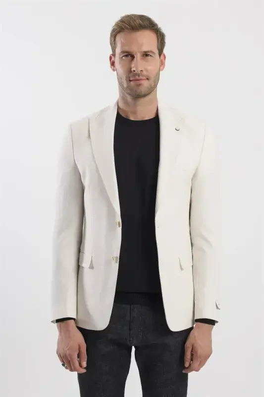Cream Slim Fit Patterned Point Collar Jacket - Modazone