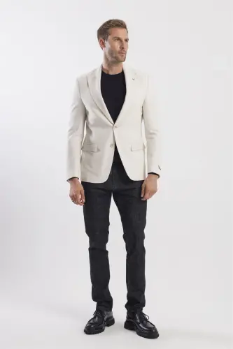 Cream Slim Fit Patterned Point Collar Jacket - JAKAMEN (1)