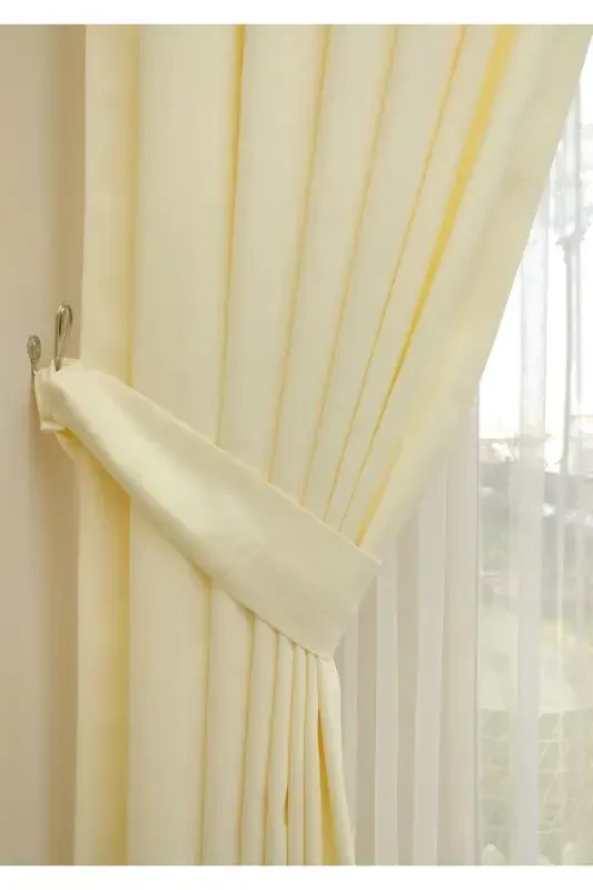Cream Solid Color Backdrop Curtain, Plain Sewing Without Pleats, Buckram Gathering, Single Panel-Cream - 2