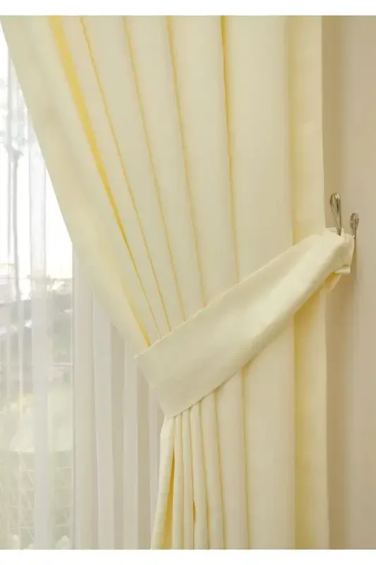 Cream Solid Color Backdrop Curtain, Plain Sewing Without Pleats, Buckram Gathering, Single Panel-Cream - 3