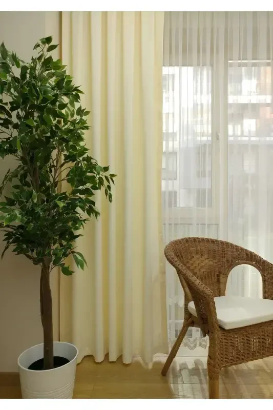 Cream Solid Color Backdrop Curtain, Plain Sewing Without Pleats, Buckram Gathering, Single Panel-Cream - 7
