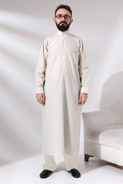 Cream Sycamore Dagron Fabric Men's Hajj Umrah Outfit Fi - IHVAN ONLINE
