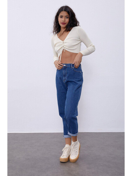 Cream V-Neck Chest Decoupage Knit Sweater - 7