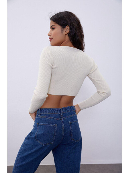 Cream V-Neck Chest Decoupage Knit Sweater - 10