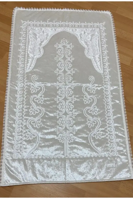 Cream Velvet Bridal Set Prayer Rug-Beige - 2