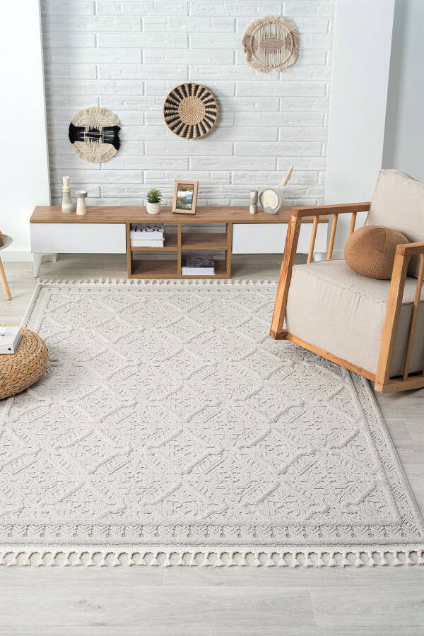 Cream Woven Washable Rug Hallway Living Room Lounge Kitchen Rug - 2