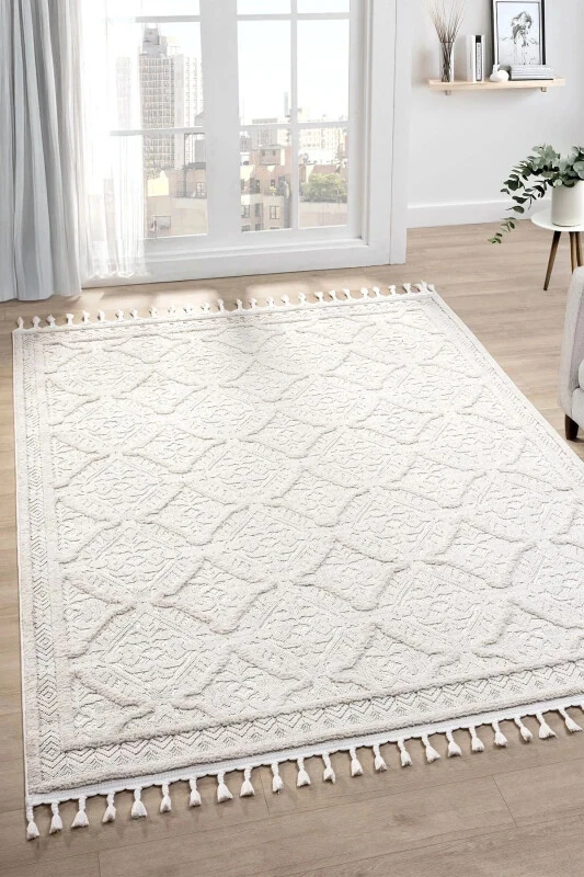 Cream Woven Washable Rug Hallway Living Room Lounge Kitchen Rug - 1