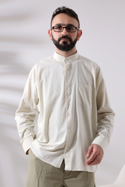 Creamy Men's Loose Cut Single Pocket Imam Collar Hajj and Umrah Linen Shirt 