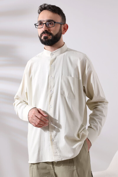 Creamy Men's Loose Cut Single Pocket Imam Collar Hajj and Umrah Linen Shirt - 5