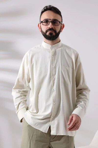 Creamy Men's Loose Cut Single Pocket Imam Collar Hajj and Umrah Linen Shirt - IHVAN ONLINE