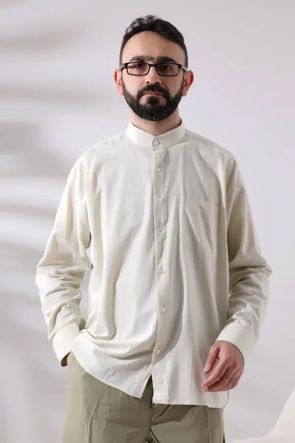 Creamy Men's Loose Cut Single Pocket Imam Collar Hajj and Umrah Linen Shirt - 1