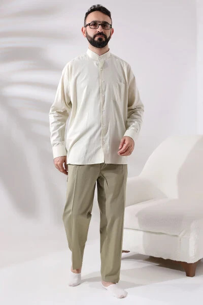 Creamy Men's Loose Cut Single Pocket Imam Collar Hajj and Umrah Linen Shirt - IHVAN ONLINE (1)