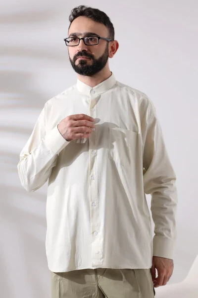 Creamy Men's Loose Cut Single Pocket Imam Collar Hajj and Umrah Linen Shirt - 3
